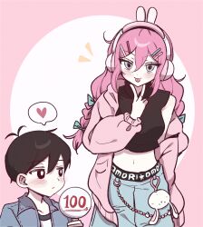  1boy 1girl animal_ear_headphones animal_ears antenna_hair aubrey_(birthday)_(omori) aubrey_(faraway)_(omori) aubrey_(omori) black_eyes black_hair blue_bow blue_eyes blue_jacket blue_pants blush bow braid bright_pupils cardigan character_charm charm_(object) closed_mouth collarbone collared_jacket commentary_request crop_top denim denim_jacket double-parted_bangs fake_animal_ears forest_bunny?_(omori) hair_between_eyes hair_bow hair_ornament hairclip headphones heart highres jacket jeans korean_commentary long_hair long_sleeves looking_at_another looking_at_viewer low_twin_braids navel official_alternate_costume omori open_cardigan open_clothes open_jacket pants parallel_hairclips pink_cardigan pink_hair rabbit_ear_headphones rabbit_ears shirt short_hair sidelocks speech_bubble spoken_heart sunny_(birthday)_(omori) sunny_(omori) t-shirt tongue tongue_out twin_braids v white_pupils white_shirt wktdms1 