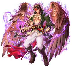  1boy abs absurdres bandaged_waist bandages belt black_hair boots brown_belt brown_boots claws clenched_hand closed_mouth clothes_around_waist commentary_request corruption dagger feather_necklace feathered_wings fire_emblem fire_emblem:_path_of_radiance fire_emblem:_radiant_dawn fire_emblem_heroes green_jacket headband highres jacket jewelry knife large_pectorals male_focus muscular muscular_male necklace official_alternate_costume official_art okuma_yuugo open_clothes open_jacket pants pectorals pointy_ears purple_aura red_headband scar scar_on_face second-party_source sheath sheathed solo tibarn_(fire_emblem) weapon white_pants wings 