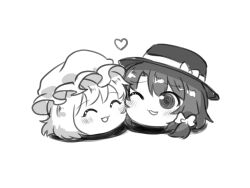  2girls asymmetrical_sidelocks blush bow commentary efukei greyscale hair_bow hat hat_bow head_only heart highres maribel_hearn medium_hair mob_cap monochrome multiple_girls nuzzle one_eye_closed open_mouth sidelocks touhou usami_renko yukkuri_shiteitte_ne yuri 