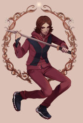  1boy absurdres brown_background brown_hair front_zipper full_body highres holding holding_sword holding_weapon jacket katana looking_at_viewer male_focus mullet pants persona persona_2 persona_2_tsumi rangqui red_eyes red_jacket red_track_suit shoes simple_background sneakers solo suou_tatsuya sword tattoo track_jacket track_pants track_suit v-shaped_eyebrows weapon wrist_tattoo 
