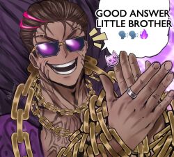  1boy :d aeoncore1 animal_print brown_hair cat_face_sticker chain chain_around_arm chain_around_neck chain_necklace chest_tattoo clapping coat commentary dark-skinned_male dark_skin emoji english_commentary facial_tattoo fire full-body_tattoo fur_trim gachiakuta gold_chain good_answer_nephew_(meme) hair_slicked_back heathcliff_(project_moon) highres jewelry leopard_print limbus_company male_focus meme middle_(identity)_(project_moon) multicolored_hair multiple_chains necklace parody pink_background pink_hair pink_streaks project_moon purple_coat purple_fire purple_streaks ring short_hair silver_ring smile solo streaked_hair sunglasses tattoo twitter_username 