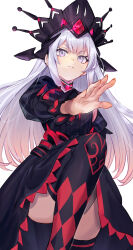  1girl absurdres black_dress black_thighhighs breasts checkered_clothes checkered_legwear closed_mouth commentary crown dress duel_monster english_commentary gradient_hair hair_ornament high_heels highres light_blush long_hair long_sleeves maliss_<q>_red_ransom medium_breasts multicolored_hair pink_eyes pink_hair pumps red_hair simple_background solo thigh-highs tomoe0812y very_long_hair white_background white_hair yu-gi-oh! 