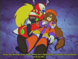  1990s_(style) 1boy 1girl ? android armor beret blonde_hair blue_eyes breasts brown_hair dress english_commentary faux_retro_artstyle full_body gloves green_eyes hat helmet highres iris_(mega_man) kneeling long_hair low-tied_long_hair lueduar lying medium_breasts mega_man_(series) mega_man_x4 mega_man_x_(series) multicolored_dress ponytail red_armor red_hat red_helmet retro_artstyle robot robot_ears robot_girl shoulder_armor smile subtitled very_long_hair vhs_artifacts white_gloves zero_(mega_man) 