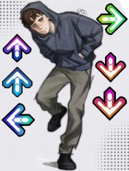  1boy adam_lanza arrow_(symbol) artist_name bemani black_shoes blue_eyes blue_jacket brown_hair closed_mouth commentary cyril_1214 dance_dance_revolution english_commentary full_body grey_background grey_pants grid_background hair_behind_ear hands_in_pockets highres hood hood_up hooded_jacket jacket leaning_forward long_sleeves looking_at_viewer male_focus nostrils pants photo-referenced puffy_long_sleeves puffy_sleeves real_life shadow shoelaces shoes short_bangs short_hair simple_background smile solo standing standing_on_one_leg true_crime very_short_hair 