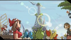  1boy 1girl 4girls absurdres apron bandana black_bow black_bowtie black_sweater blonde_hair blue_eyes bonnie_(pokemon) bow bowtie breasts brother_and_sister brown_hair chespin clemont_(pokemon) coffee english_commentary fennekin fletchling froakie glasses griselle_(pokemon) hat highres long_hair lumiose_city may_(pokemon) multicolored_hair multiple_girls open_mouth otakuman pokemon pokemon_(creature) pokemon_legends:_z-a pokemon_ruby/sapphire/emerald pokemon_x_and_y ponytail prism_tower red_hair serena_(pokemon) shirt siblings smile spoilers sweater turtleneck turtleneck_sweater two-tone_hair white-framed_eyewear white_hair 