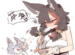  1girl alternate_costume animal_ear_fluff animal_ears black_hair blush bowl choker chopsticks cocomayo29_(tomato) commentary_request hair_ornament holding holding_bowl holding_chopsticks hololive korean_commentary low_twintails medium_hair miofa_(ookami_mio) multicolored_hair ookami_mio red_choker red_streaks streaked_hair twintails virtual_youtuber white_wrist_cuffs wolf_ears wolf_girl wrist_cuffs x_hair_ornament 