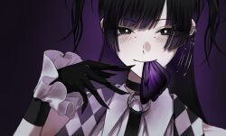  1girl black_eyes black_gloves black_hair bright_pupils butterfly_wings checkered_clothes commentary_request fujimine_(madan_no_ichi) gloves highres insect_wings light_smile long_hair looking_at_viewer madan_no_ichi mole mole_under_each_eye mole_under_eye mouth_hold multiple_moles nails_visible_through_gloves o-ring portrait solo two_side_up white_pupils wings yomi_dayoo 