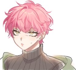  1girl alien_stage black_shirt closed_mouth commentary english_commentary lowres mizi_(alien_stage) pink_hair portrait sasucchi95 shirt short_hair small_sweatdrop solo turtleneck turtleneck_shirt very_short_hair white_background yellow_eyes 
