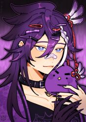  1boy absurdres alternate_costume animal bandaid bandaid_on_face bandaid_on_nose banzoin_hakka belt_collar bird black_choker black_hands black_shirt blue_eyes braid choker collar colored_extremities fang feather_hair_ornament feathers fingernails hair_ornament hairclip hakkito_(banzoin_hakka) heart heart_hair_ornament highres hiimtae_sb holding holding_animal holding_bird holostars holostars_english jacket long_hair male_focus multicolored_hair purple_background purple_hair purple_jacket purple_nails sharp_fingernails shirt single_hair_streak streaked_hair virtual_youtuber white_feathers white_hair white_streaks 