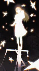  1girl absurdres animal balancing barefoot blonde_hair building cat city_below dress full_body glowing highres holding holding_animal holding_cat long_hair looking_at_viewer mochikimana original solo spot_color star_(symbol) town utility_pole white_dress 