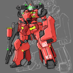  absurdres beam_cannon beam_rifle cannon commentary_request earth_federation energy_gun glowing green_visor grey_background guncannon gundam highres ke_yukikaze lens_flare mecha mecha_focus mobile_suit mobile_suit_gundam no_humans original radio_antenna redesign robot roundel science_fiction shield shoulder_cannon weapon 