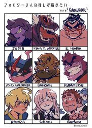  1other 3girls 5boys ash-greninja bakemono_no_ko bear_boy black_hair brown_hair closed_mouth colored_skin commentary danganronpa_(series) danganronpa_2:_goodbye_despair dinosaur_boy dinowrestler_king_t_wrextle e._honda english_commentary face_piercing facepaint final_fantasy final_fantasy_tactics followers_favorite_challenge frown furry furry_female furry_male gamubear garrosh_hellscream greninja grimace grin hair_over_eyes kumatetsu multiple_boys multiple_drawing_challenge multiple_girls nanami_chiaki nose_piercing nose_ring orc piercing pink_hair pink_ribbon pokemon_(creature) purple_skin ramza_beoulve ribbon sharp_teeth smile street_fighter susie_(deltarune) tamamura_gunzo teeth tokyo_afterschool_summoners tongue tongue_out v-shaped_eyebrows warcraft waving world_of_warcraft 