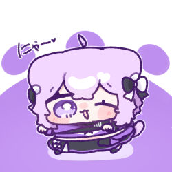  1girl ;3 ;d ahoge animal_ear_fluff animal_ears black_bow black_skirt blush_stickers bow bright_pupils cat_ears cat_girl cat_tail chibi chibi_only commentary_request crossed_bangs double-parted_bangs full_body hair_between_eyes hair_bow highres hololive looking_at_viewer nekomata_okayu one_eye_closed open_mouth purple_background purple_hair purple_shirt shirt short_hair skirt smile solo standing tail two-tone_bow violet_eyes white_bow white_pupils yananang 
