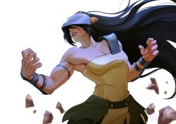  1girl aged_up avatar:_aang_the_last_airbender avatar:_the_last_airbender avatar_legends beyaarca blind capri_pants element_bending floating_rock geokinesis green_hairband green_pants hairband helmet highres long_hair muscular muscular_female pants solo toph_beifong 