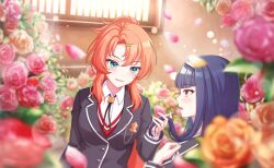  2girls aqua_eyes blue_eyes blue_hair blurry blurry_background blurry_foreground blush commentary_request depth_of_field flower game_asset hair_ornament hairclip highres jacket long_hair looking_at_another multiple_girls necktie non-web_source official_art open_mouth orange_hair pink_flower pink_rose ponytail ramona_wolf red_flower red_rose rose school_uniform self-datamine senju_koyomi smile upper_body world_dai_star yellow_flower yellow_rose yuri 