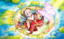  1girl :d blush braid bridge bug butterfly commentary_request day detached_sleeves flower from_above game_asset grass hair_flower hair_ornament highres japanese_clothes kimono lake lily_pad long_hair looking_at_viewer non-web_source official_art open_mouth outdoors petals pond rainbow river self-datamine senju_iroha sitting sky smile solo very_long_hair water waterfall white_hair wide_sleeves world_dai_star yellow_eyes yellow_flower 