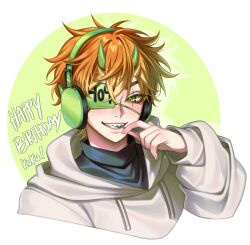  1boy :d absurdres aegyo_sal antenna_hair arm_at_side black_sweater blonde_hair blush border candy character_name clothes_writing commentary cropped_shoulders crossed_bangs demon_boy demon_horns double-parted_bangs eating english_commentary eyepatch fingernails food food_in_mouth gift_art gradient_hair green_background green_eyes green_horns grey_hoodie grin hair_between_eyes hand_up happy_birthday headphones highres holding holding_candy holding_food holding_lollipop hood hood_down hoodie horns lollipop long_sleeves looking_at_viewer lower_eyelashes_only male_focus mole mole_under_mouth multicolored_hair multiple_horns nostrils one_eye_covered orange_hair original outside_border puffy_long_sleeves puffy_sleeves ringed_eyes round_border sasucchi95 scar scar_across_eye scar_on_face sharp_teeth short_hair simple_background smile solo sweater teeth tsurime turtleneck turtleneck_sweater two-tone_hair v-shaped_eyebrows white_border yellow_horns 