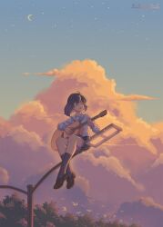 1girl absurdres acoustic_guitar artist_name black_skirt black_socks brown_hair brown_shoes closed_eyes clouds cloudy_sky commentary crescent_moon dot_nose english_commentary evening foliage full_body guitar highres instrument lamppost medium_hair moon open_mouth original playing_guitar playing_instrument pleated_skirt sailor_collar school_uniform serafuku shoes simple_bird sitting skirt sky socks solo star_(sky) tree white_sailor_collar white_serafuku x.x.d.x.c 