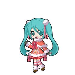  1girl :d aqua_hair black_outline blush boots bow brown_boots capelet chibi chibi_only coat full_body fur-trimmed_boots fur-trimmed_capelet fur-trimmed_coat fur_trim game_asset grey_mittens grid_print hair_ornament hair_ribbon hand_up hatsune_miku hatsune_miku_graphy_collection long_hair long_sleeves looking_at_viewer mittens open_mouth outline pink_bow pink_capelet pink_coat pink_ribbon pleated_skirt pom_pom_(clothes) pom_pom_hair_ornament red_skirt ribbon skirt skirt_peek smile snowflake_print solo standing striped_clothes striped_thighhighs thigh-highs transparent_background twintails very_long_hair vocaloid 