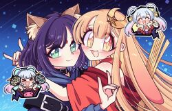  3girls animal_ear_fluff animal_ears arms_around_neck belt_collar blonde_hair blue_hoodie blunt_bangs blush center-flap_bangs chibi chibi_inset cho_kaguya-hime! closed_mouth collar crescent crescent_hair_ornament forehead_jewel fox_ears fox_girl fox_shadow_puppet gem green_eyes hair_ornament hair_rings heart heart_in_eye highres himejoshi hood hoodie kaguya_(cho_kaguya-hime!) littlecloudie long_hair looking_at_viewer lop_rabbit_ears multiple_girls open_mouth orange_eyes portrait rabbit_ears rabbit_girl red_gem runami_yachiyo sakayori_iroha short_hair sleeve_belt smile speech_bubble star_(symbol) star_hair_ornament symbol_in_eye yuri 
