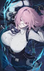 1girl glasses hands_on_own_head long_hair pink_hair tsukishiro_yanagi weapon zenless_zone_zero