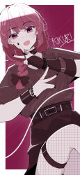  1girl absurdres alternate_costume bead_bracelet beads belt black_belt black_choker black_gloves black_nails black_skirt bocchi_the_rock! border bracelet braid character_name choker commentary cross cross_earrings earrings english_commentary english_text fang fishnets gloves hair_over_shoulder highres hiroi_kikuri jewelry kebohan looking_at_viewer open_mouth purple_background purple_hair ring shirt single_braid single_glove single_wrist_cuff skirt solo thigh_belt thigh_strap violet_eyes white_border wrist_cuffs 