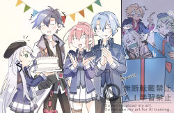  3boys 3girls :d altina_orion antenna_hair ash_carbide beret birthday birthday_cake black_hair blue_hat blue_jacket bound box cake clapping closed_eyes crow_armbrust earrings eiyuu_densetsu food gag gift gift_box green_eyes hair_ornament hair_tie hairclip hajimari_no_kiseki hat highres holding holding_tray improvised_gag jacket jewelry juna_crawford kurt_vander laughing long_hair long_sleeves motion_lines multiple_boys multiple_girls musse_egret notice_lines open_mouth parallel_hairclips pink_hair rean_schwarzer school_uniform short_hair skirt smile string_of_flags tape tape_gag thors_military_academy_branch_campus_uniform tied_up_(nonsexual) tray twitter_username two_side_up upper_body watermark white_skirt x_hair_ornament yachi337 