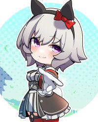  1girl animal_ears black_coat black_hairband blush bow bow_hairband chibi chibi_only closed_mouth coat collared_shirt commentary_request cowboy_shot curren_chan_(umamusume) frilled_coat frills grey_hair hair_between_eyes hairband highres horse_ears horse_girl horse_tail long_sleeves looking_at_viewer miniskirt open_clothes open_coat outstretched_arm reaching reaching_towards_viewer red_bow red_thighhighs shirt short_hair skirt smile solo striped_clothes striped_shirt striped_skirt tail thigh-highs umamusume vertical-striped_clothes vertical-striped_shirt vertical-striped_skirt violet_eyes warashi white_shirt white_skirt zettai_ryouiki 