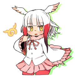  1girl :d blush buttons commentary_request cropped_legs drop_shadow frilled_sleeves frills hand_up head_wings ini_(inunabe00) japanese_crested_ibis_(kemono_friends) japari_symbol kemono_friends long_sleeves looking_at_viewer miniskirt multicolored_hair neck_ribbon open_mouth pantyhose pink_skirt pleated_skirt red_hair red_pantyhose red_ribbon ribbon shirt short_hair sidelocks simple_background skirt smile solo two-tone_hair white_background white_hair white_shirt wide_sleeves wings yellow_eyes 