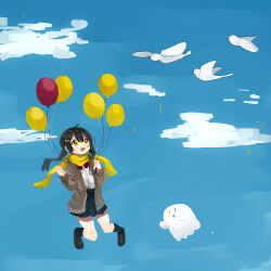  1girl :d balloon bird black_hair black_socks blue_skirt blue_sky blush bow bowtie brown_cardigan brown_shoes cardigan clouds commentary_request day double-parted_bangs ghost hair_between_eyes highres holding holding_balloon kneehighs long_hair long_sleeves miniskirt open_cardigan open_clothes open_mouth original outdoors pleated_skirt red_bow red_bowtie scarf school_uniform shirt shoes skirt sky smile socks solo twintails uenae_chiyiro white_shirt yellow_eyes yellow_scarf 