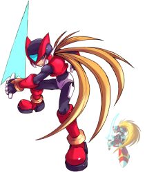  1boy absurdres armor blonde_hair clenched_teeth energy_sword forehead_jewel full_body helmet highres holding holding_sword holding_weapon long_hair maxoke mega_man_(series) mega_man_x4 mega_man_x_(series) mega_man_zero_(series) official_art_inset parted_lips red_armor red_helmet simple_background solo_focus standing sword teeth weapon white_background z_saber zero(z)_(mega_man) zero_(mega_man) 