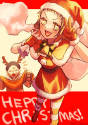  1boy 1girl antlers belt belt_buckle black_belt black_hair bow bowtie buckle christmas christmas_ornaments closed_eyes commentary_request deer_antlers demon demon_boy demon_girl gami_(gami37260414) gloves green_bow green_bowtie hat holding holding_sack horns kimetsu_no_yaiba open_mouth red_gloves sack santa_hat short_hair susamaru_(kimetsu_no_yaiba) yahaba_(kimetsu_no_yaiba) 