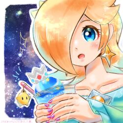  1girl :d blonde_hair blue_dress blue_eyes blush brooch character_charm charm_(object) collarbone commentary_request cup disposable_cup disposable_ice_cream_cup dress earrings eyelashes food hair_over_one_eye highres holding holding_cup ice_cream jewelry long_hair long_sleeves luma_(mario) open_mouth purple_nails rosalina smile solo sousiyourui13 space star_(symbol) star_brooch star_earrings super_mario_bros. upper_body 