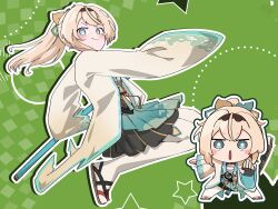  1girl absurdres blonde_hair blue_eyes blush blush_stickers chibi closed_mouth commentary_request drawing_sword fingerless_gloves full_body gloves green_background hair_ribbon hakama hakama_skirt highres holding holding_sword holding_weapon hololive japanese_clothes katana kazama_iroha kazama_iroha_(1st_costume) looking_at_viewer multiple_girls open_mouth outline ponytail puchicochi_712 ribbon sandals signature skirt smile sword weapon white_outline 
