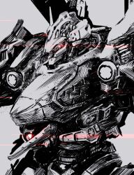  absurdres armored_core armored_core_vi:_fires_of_rubicon commentary english_commentary from_side glowing glowing_eye grey_background greyscale highres looking_ahead mecha mecha_focus monochrome nightfall_(armored_core_vi) no_humans one-eyed one-eyed_mecha red_eyes robot science_fiction shiokaze1409 simple_background spot_color upper_body 
