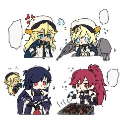  4girls @_@ anger_vein azur_lane bandaid bandaid_on_face black_gloves black_hair black_necktie blonde_hair blue_coat blue_eyes california_(azur_lane) chibi chibi_only coat coat_on_shoulders commentary_request cooking dark-skinned_female dark_skin flying_sweatdrops gloves grilling hand_on_own_hip hat high_ponytail highres maryland_(azur_lane) mole mole_under_eye multiple_girls necktie pan_(user_zdvk2337) ponytail red_eyes rigging ship_turret siblings sisters sweatdrop tearing_up tennessee_(azur_lane) west_virginia_(azur_lane) white_hat 