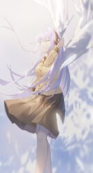  1girl absurdres angel angel_beats! angel_wings arm_at_side bilingual_commentary black_skirt chinese_commentary closed_eyes closed_mouth commentary_request day english_commentary eyelashes falling_feathers feathered_wings feathers feet_out_of_frame floating_hair hair_between_eyes hand_up headphones highres jacket long_hair long_sleeves medium_skirt mixed-language_commentary neck_ribbon nose outdoors pleated_skirt ribbon school_uniform skirt solo split_mouth standing straight_hair tachibana_kanade very_long_hair white_feathers white_hair white_wings wings wvmao yellow_jacket yellow_ribbon 
