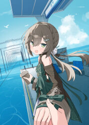  1girl absurdres bare_shoulders black_shirt blue_sky brown_hair clothing_cutout clouds cloudy_sky commentary_request cup disposable_coffee_cup disposable_cup green_eyes hair_between_eyes hair_intakes hair_ornament highres holding holding_cup holding_hands honkai:_star_rail honkai_(series) layered_skirt long_hair long_sleeves looking_at_viewer low_twintails open_mouth pleia_illust pom_pom_(clothes) pom_pom_hair_ornament pov pov_hands qingque_(honkai:_star_rail) shirt shoulder_cutout skirt sky smile standing twintails 