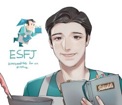  16personalities 1boy 7hrang aegyo_sal apron aqua_shirt black_eyes black_hair book bow bowl consul_(16personalities) copyright_name english_text fingernails grin highres holding holding_book holding_bowl icing_spatula light_blush male_focus mixing_bowl myers-briggs_type_indicator official_art_inset open_book parted_lips portrait reference_inset shirt short_hair simple_background smile solo spatula teeth third-party_source twitter_username very_short_hair white_apron white_background 