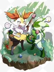  2others animal_ear_fluff animal_ears animal_nose black_fur blush body_fur braixen closed_eyes commentary_request fang fire flat_chest floragato fox_ears fox_girl fox_tail furry furry_female happy heart holding holding_stick light_blush looking_at_viewer multicolored_fur multiple_others musical_note open_mouth pokemon pokemon_(creature) red_eyes smile snout solo speech_bubble spoken_heart spoken_musical_note stick tail wasawasa_(ikyu_bu) white_fur yellow_fur 