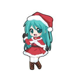  1girl :d aqua_eyes aqua_hair black_boots black_choker black_gloves black_outline blush boots capelet chibi chibi_only choker christmas dress full_body fur-trimmed_capelet fur-trimmed_dress fur_trim game_asset gloves hair_between_eyes hand_up hat hatsune_miku hatsune_miku_graphy_collection hood hood_down hooded_capelet knee_boots long_hair long_sleeves open_mouth outline red_capelet red_dress red_hat santa_costume santa_dress santa_hat smile solo standing thigh-highs transparent_background two_side_up very_long_hair vocaloid white_thighhighs 