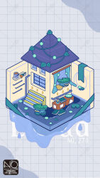  book closed_eyes closed_mouth commentary_request curtains highres house jar lily_pad lotad meme_(sleepsheep) no_humans paint_can paintbrush pokemon pokemon_(creature) stairs water window 