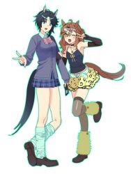  2girls ahoge alternate_costume animal_ears bare_shoulders belt black_cardigan black_choker black_hair black_tank_top black_thighhighs blue_eyes blush bow breasts brown_hair cardigan choker collared_shirt danumamusume detached_sleeves fuji_kiseki_(umamusume) hair_between_eyes hair_ornament hairclip horse_ears horse_girl horse_tail jewelry jungle_pocket_(umamusume) leg_warmers long_sleeves medium_hair multicolored_hair multiple_girls necklace notched_ear one_eye_closed open_mouth pink_bow plaid_clothes plaid_skirt shirt shoes short_hair simple_background skirt small_breasts smile standing standing_on_one_leg tail tank_top thigh-highs umamusume v white_belt white_hair white_shirt yellow_eyes yellow_skirt 