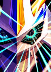 black_background blue_eyes close-up commentary digimon digimon_(creature) evolutionary_line ezgk385 glowing glowing_eyes highres mecha metalgarurumon motion_lines omegamon robot solo speed_lines wargreymon 