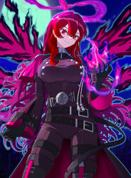  1girl absurdres aura belt black_gloves boots breasts buttons commentary_request double-breasted double-parted_bangs duel_monster earrings exosister_karmael exosister_martha fiery_aura fire fireball floating_hair full_moon gloves grin hair_between_eyes highres jewelry kyrion large_breasts long_hair looking_at_viewer magic moon multiple_belts night outdoors parted_lips purple_fire pyrokinesis red_hair single_shoulder_pad sky smile solo thigh_belt thigh_boots thigh_strap triangle_mouth tsurime upper_body v-shaped_eyebrows very_long_hair wavy_hair wide_sleeves yu-gi-oh! 