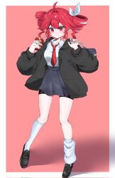  1girl :| ahoge alternate_costume asymmetrical_legwear bag bike_shorts bike_shorts_under_skirt black_jacket black_shoes blue_skirt border bow closed_mouth collared_shirt commentary double-parted_bangs drill_hair drink_carton full_body hair_between_eyes hair_bow high-waist_skirt highres holding holding_drink_carton holding_juice_box jacket juice_box kasane_teto kasane_teto_(sv) loafers long_sleeves looking_at_viewer miniskirt mismatched_legwear nail_polish necktie open_clothes open_jacket outside_border parted_lips penny_loafers pleated_skirt red_background red_eyes red_hair red_nails red_necktie school_bag school_uniform shirt shoes short_hair skirt socks solo souha_117 synthesizer_v twin_drills uneven_legwear untranslatable_commentary utau white_border white_bow white_shirt white_socks 
