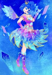  1girl aikatsu! aikatsu!_(series) blue_background blue_eyes blue_hair boots commentary constellation crown crystal dress english_commentary full_body gloves gradient_background gradient_boots hand_up highres idol idol_clothes index_finger_raised kiriya_aoi long_hair looking_at_viewer minyono one_eye_closed open_mouth purple_boots purple_dress purple_gloves side_ponytail smile solo 
