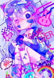  1girl :< bandaid bandaid_on_cheek bandaid_on_face bandaid_on_knee bandaid_on_leg blue_eyes blue_hair blue_hoodie blush boots choker closed_mouth commentary_request controller double-parted_bangs feet_out_of_frame game_controller gauze gauze_on_leg grey_background hair_between_eyes heterochromia highres holding holding_controller holding_game_controller hood hood_down hoodie knees_up long_sleeves meda_cha nose_blush original pink_eyes pixelated purple_boots purple_choker purple_shorts rainbow short_hair shorts sitting solo 
