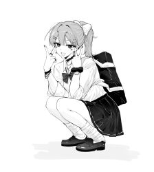  1girl :d bag bow bowtie collared_shirt double_v feint721 greyscale gyaru_v hair_bow hair_ornament hairclip heart heart_hair_ornament highres long_hair monochrome open_mouth original ponytail shirt shoes shoulder_bag skirt smile socks solo squatting star_(symbol) star_hair_ornament v 