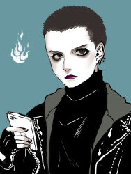  1girl black_eyes black_hair blue_background buzz_cut cellphone closed_mouth commentary_request deadpool_(movie) deadpool_(series) ear_piercing eyelashes face_piercing fingerless_gloves fingernails gloves highres holding holding_phone ken_shirou_(loco) lips marvel negasonic_teenage_warhead nose_piercing phone piercing short_hair simple_background smartphone solo very_short_hair x-men x-men_film_series 